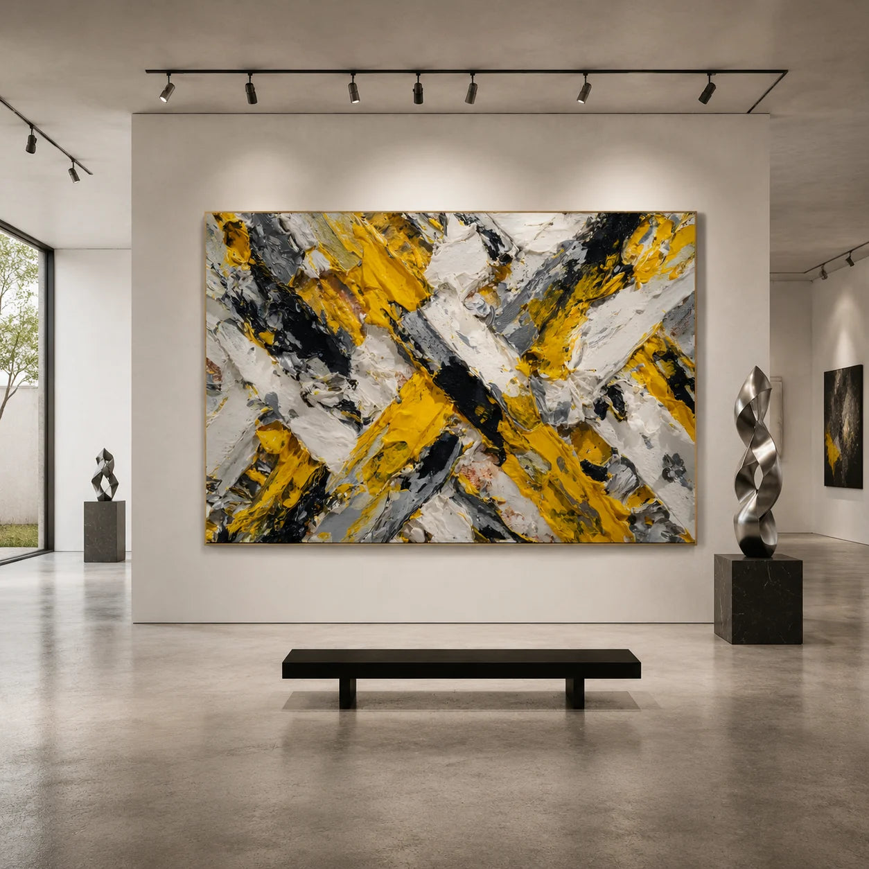 Yellow Black Gray Abstract Hand-Painted Oil Painting, Modern Textured Impasto Wall Art # OA 1061