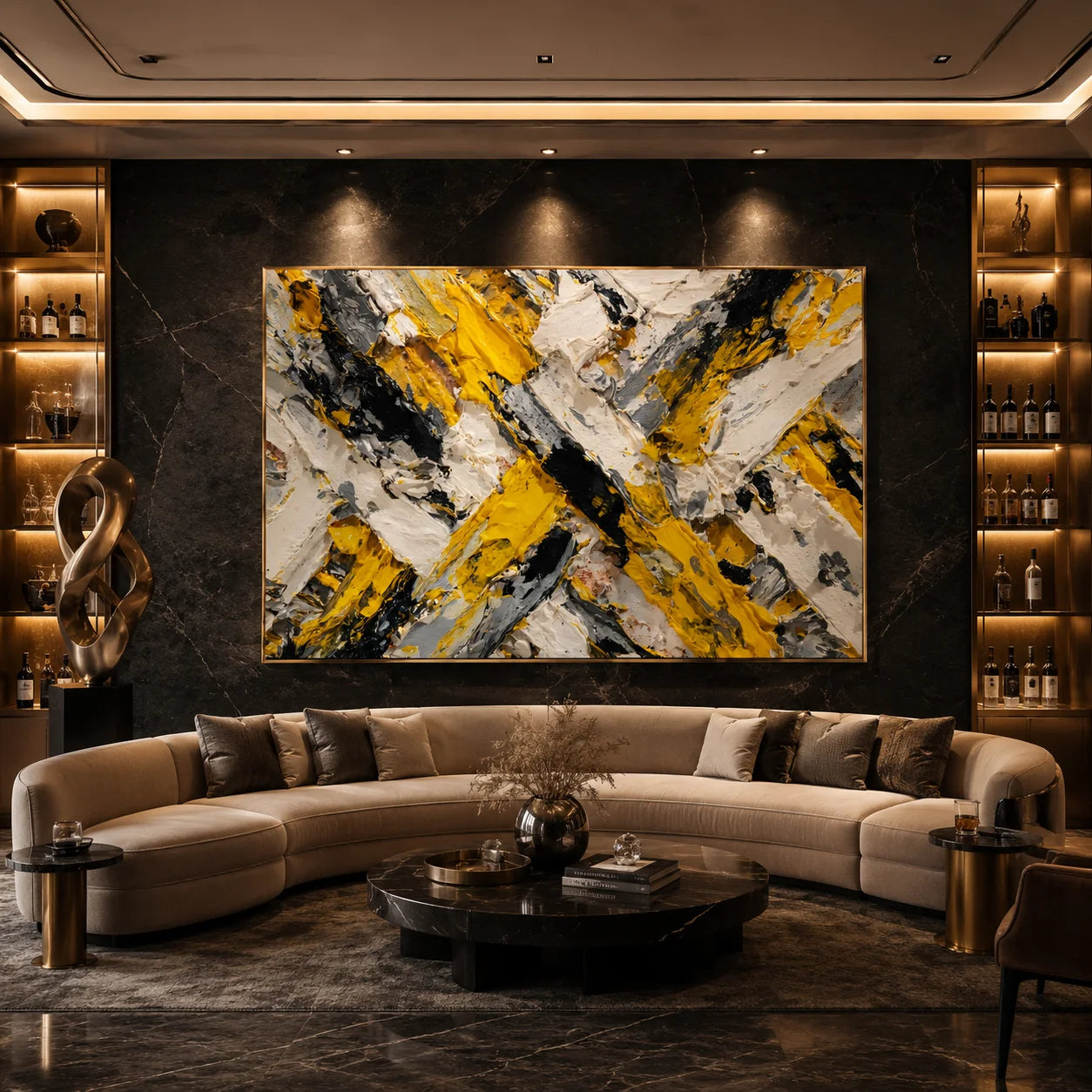 Yellow Black Gray Abstract Hand-Painted Oil Painting, Modern Textured Impasto Wall Art # OA 1061