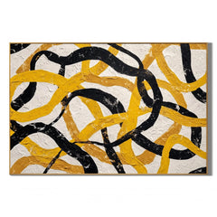 Yellow Black Loop Abstract Hand-Painted Oil Painting, Modern Textured Wall Art for Contemporary Decor # OA 1054