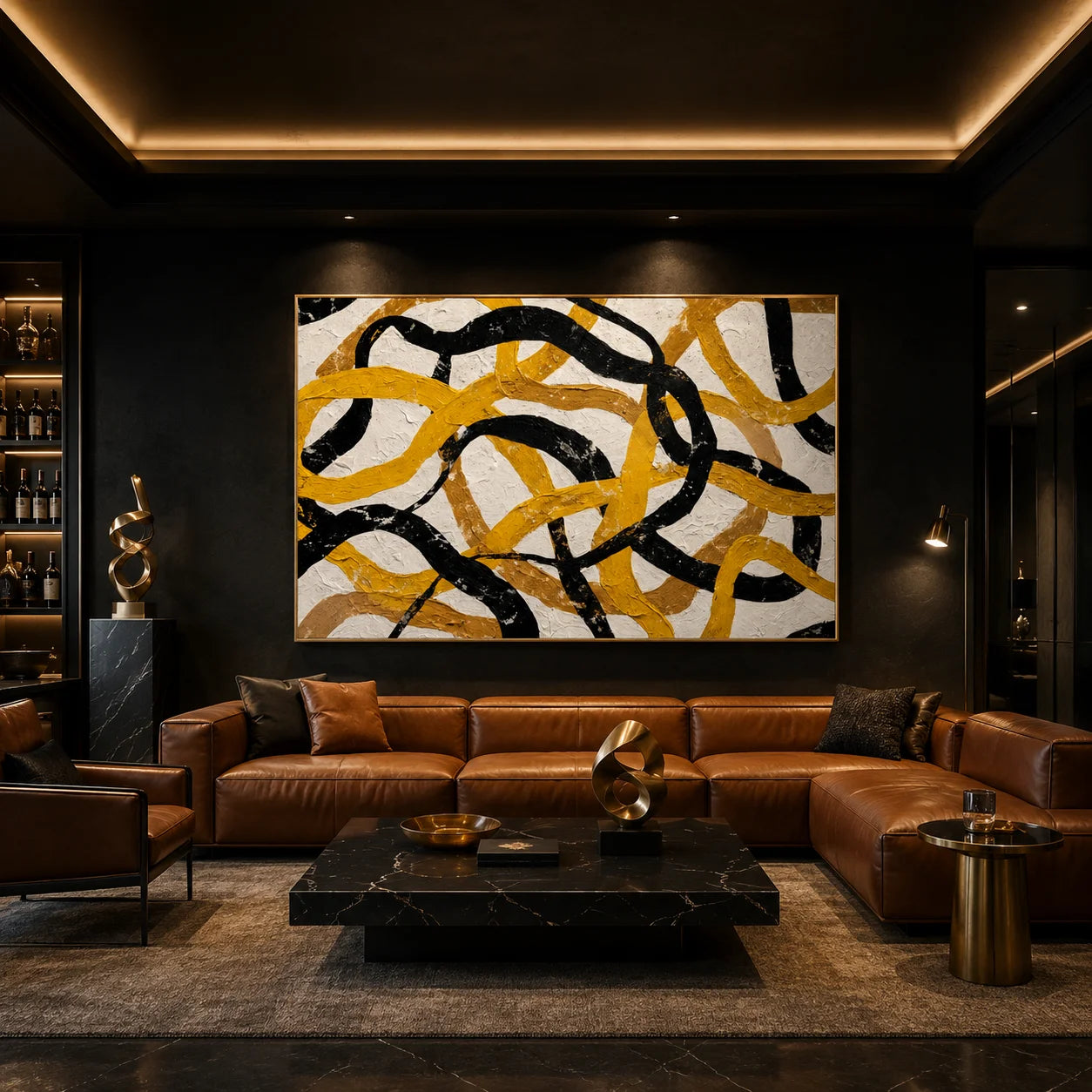 Yellow Black Loop Abstract Hand-Painted Oil Painting, Modern Textured Wall Art for Contemporary Decor # OA 1054