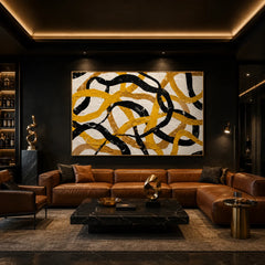 Yellow Black Loop Abstract Hand-Painted Oil Painting, Modern Textured Wall Art for Contemporary Decor # OA 1054