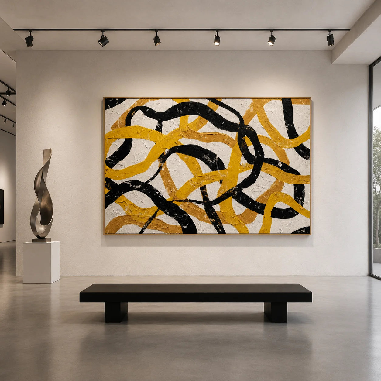 Yellow Black Loop Abstract Hand-Painted Oil Painting, Modern Textured Wall Art for Contemporary Decor # OA 1054