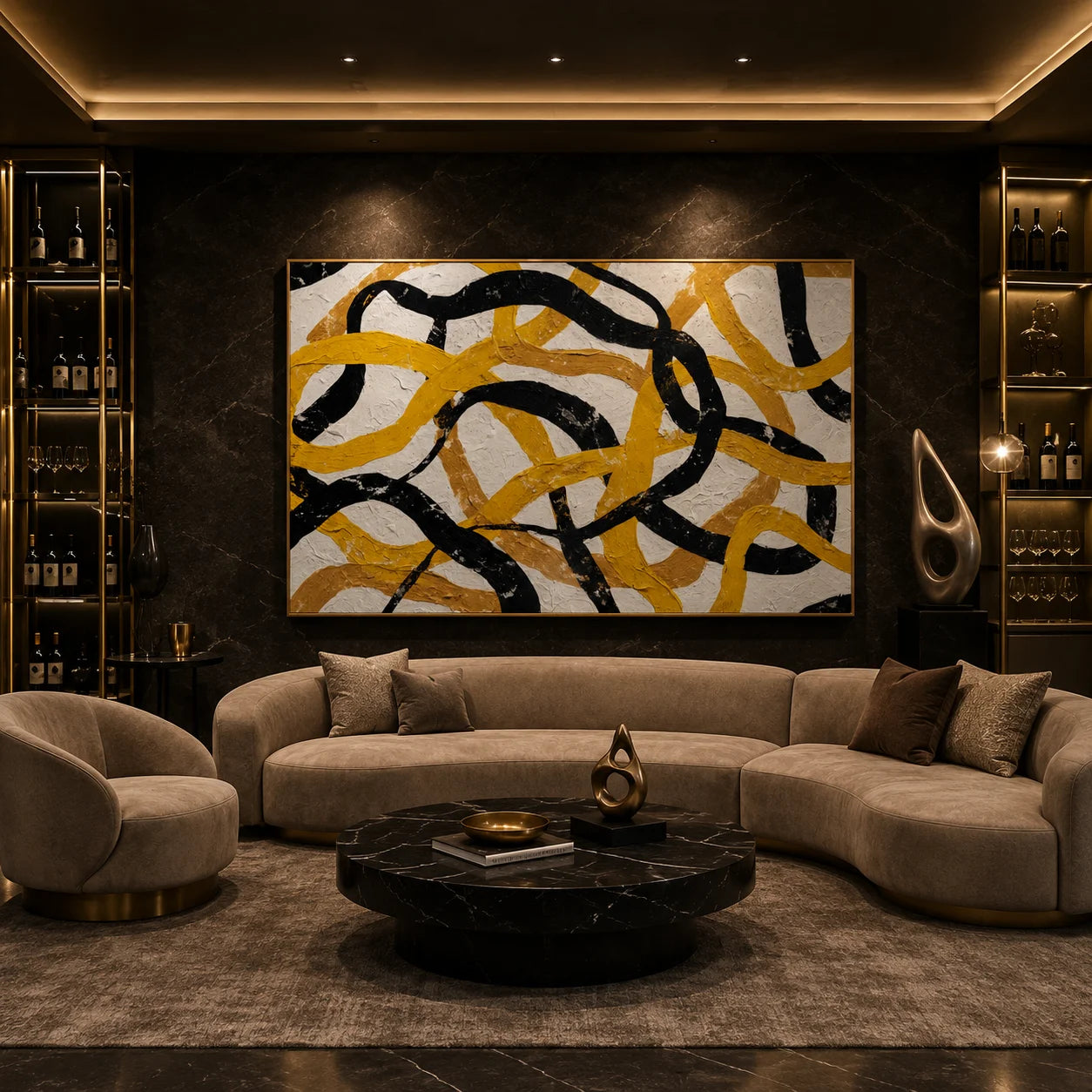 Yellow Black Loop Abstract Hand-Painted Oil Painting, Modern Textured Wall Art for Contemporary Decor # OA 1054