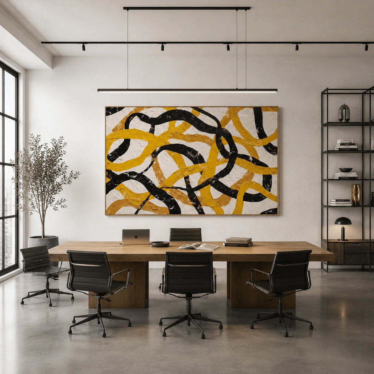 Yellow Black Loop Abstract Hand-Painted Oil Painting, Modern Textured Wall Art for Contemporary Decor # OA 1054