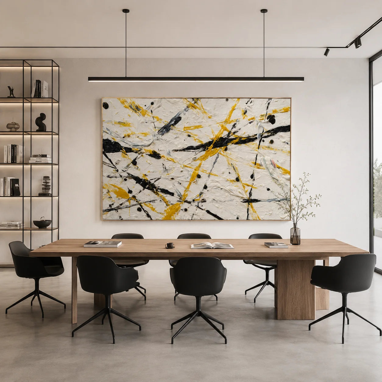 Yellow Black White Abstract Hand-Painted Oil Painting, Modern Textured Splatter Wall Art for Contemporary Decor # OA 1063