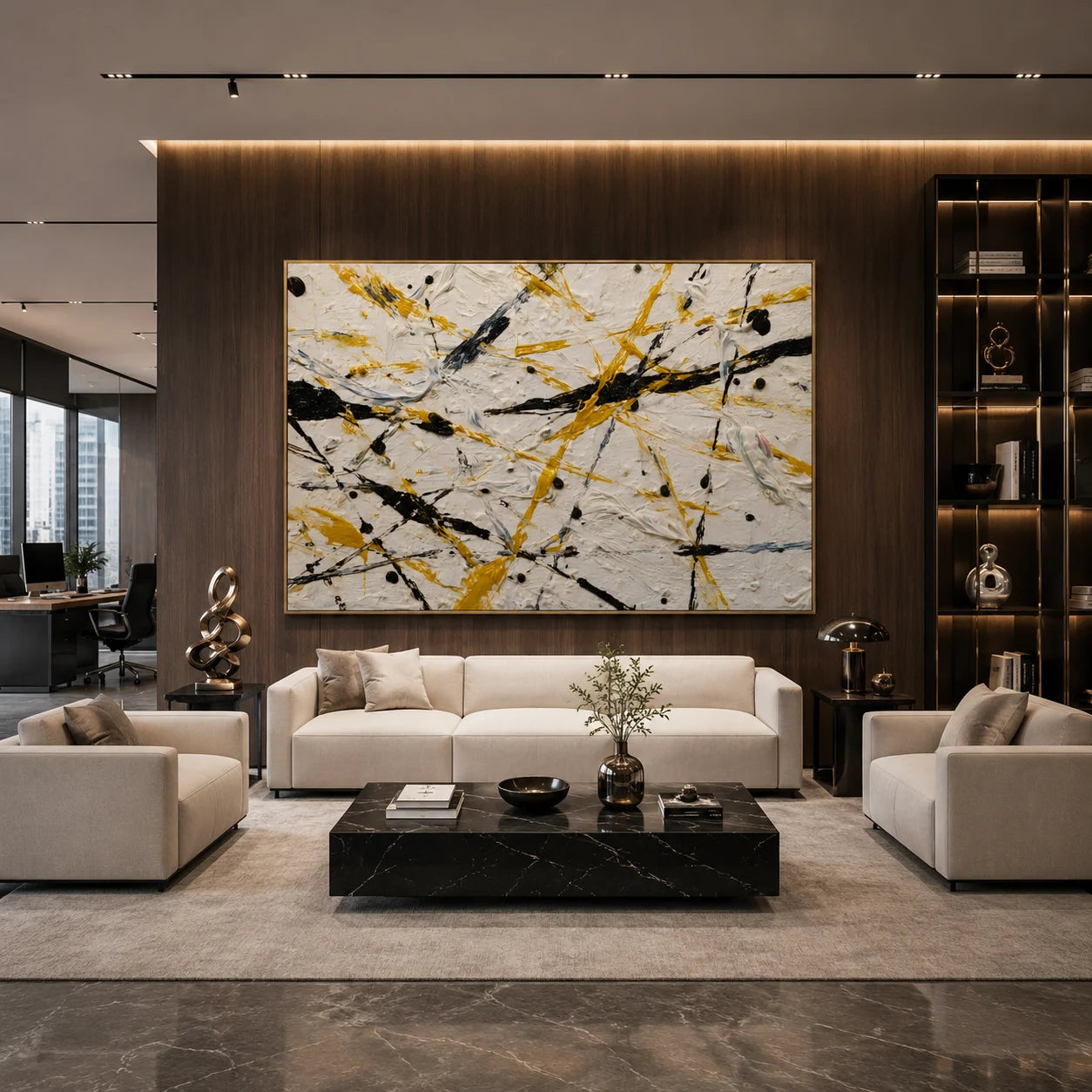 Yellow Black White Abstract Hand-Painted Oil Painting, Modern Textured Splatter Wall Art for Contemporary Decor # OA 1063
