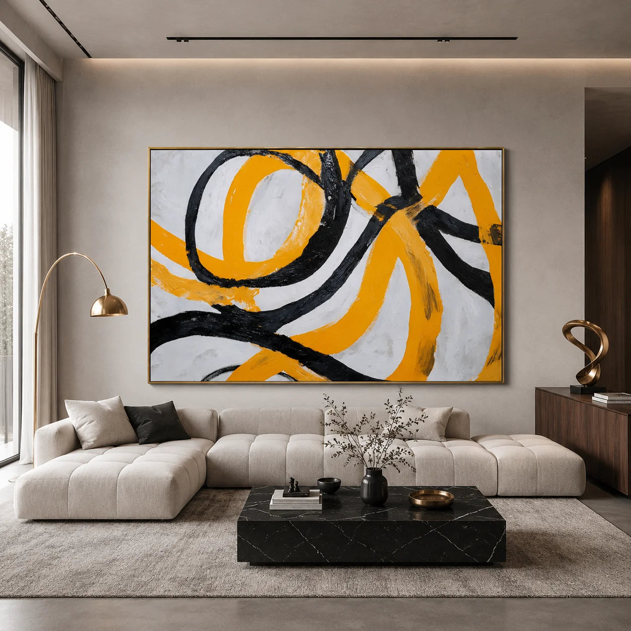 Yellow and Black Abstract Hand-Painted Oil Painting | Modern Textured Canvas Wall Art for Living Room Decor # OA 1036