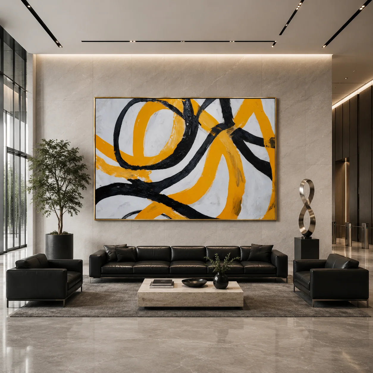 Yellow and Black Abstract Hand-Painted Oil Painting | Modern Textured Canvas Wall Art for Living Room Decor # OA 1036