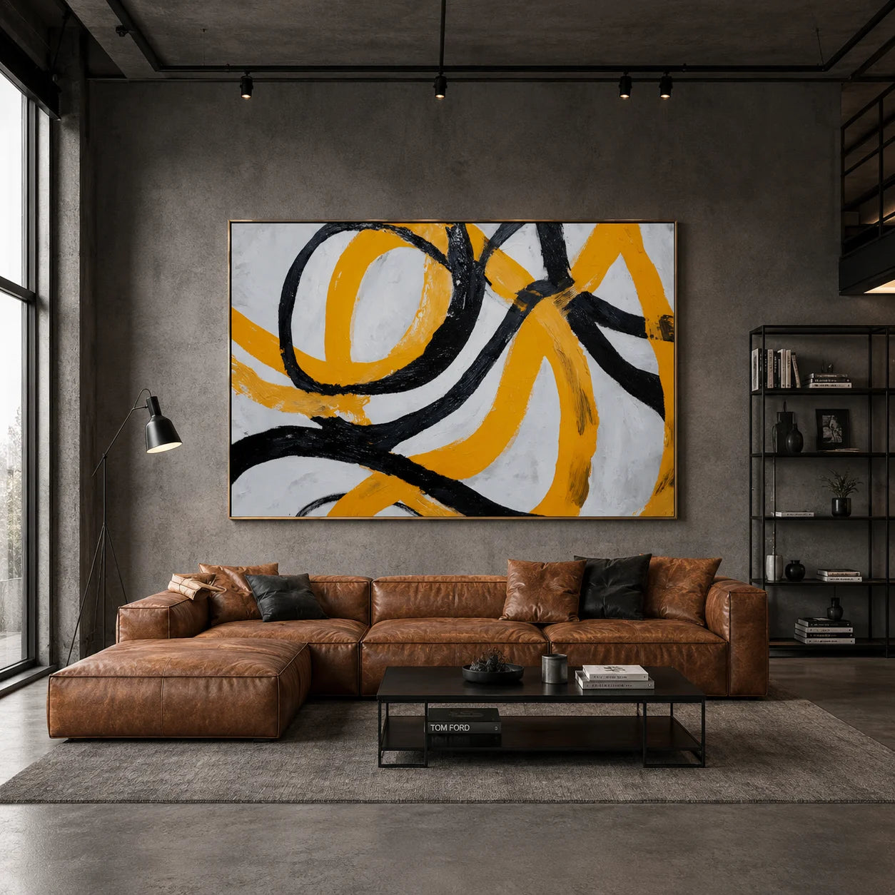 Yellow and Black Abstract Hand-Painted Oil Painting | Modern Textured Canvas Wall Art for Living Room Decor # OA 1036