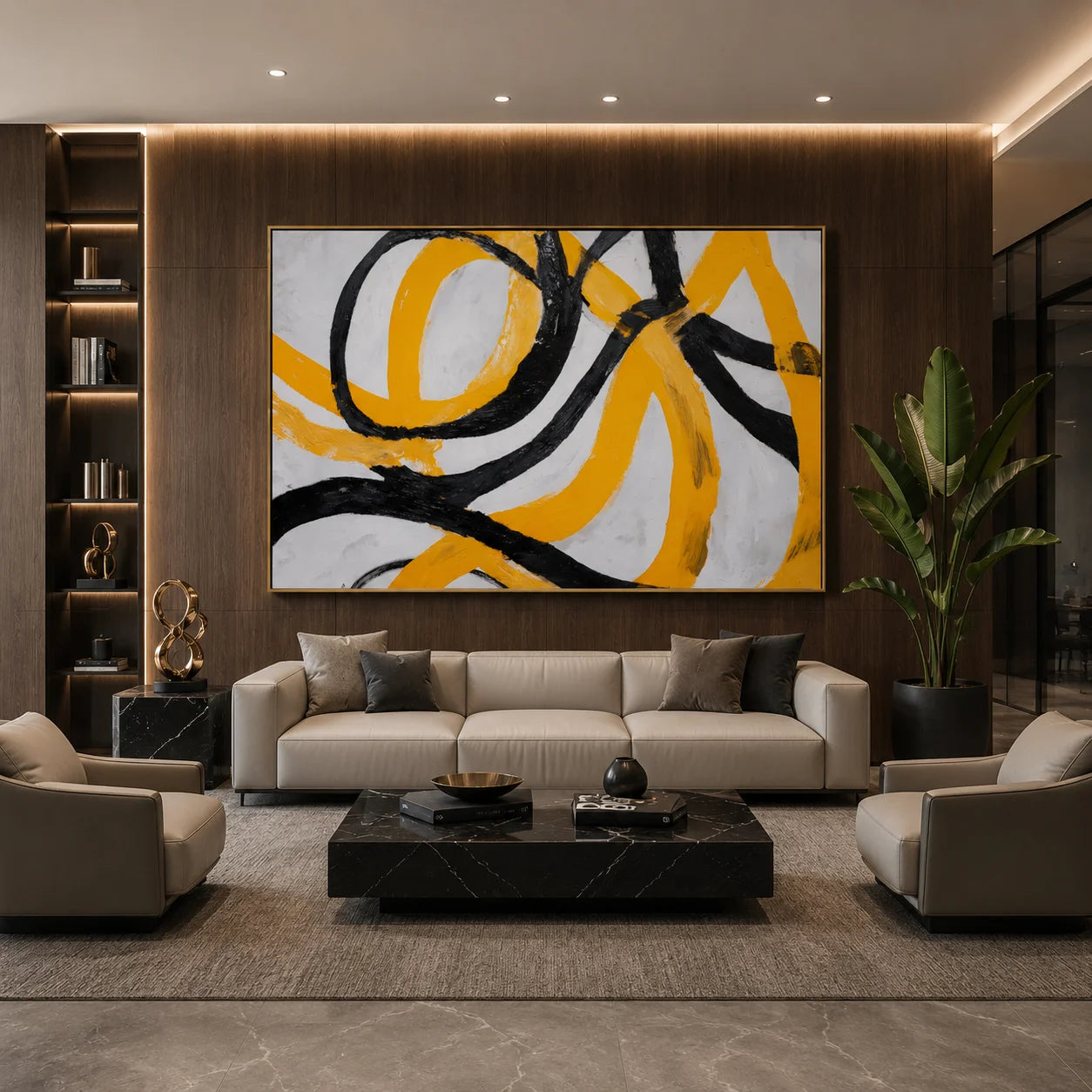 Yellow and Black Abstract Hand-Painted Oil Painting | Modern Textured Canvas Wall Art for Living Room Decor # OA 1036