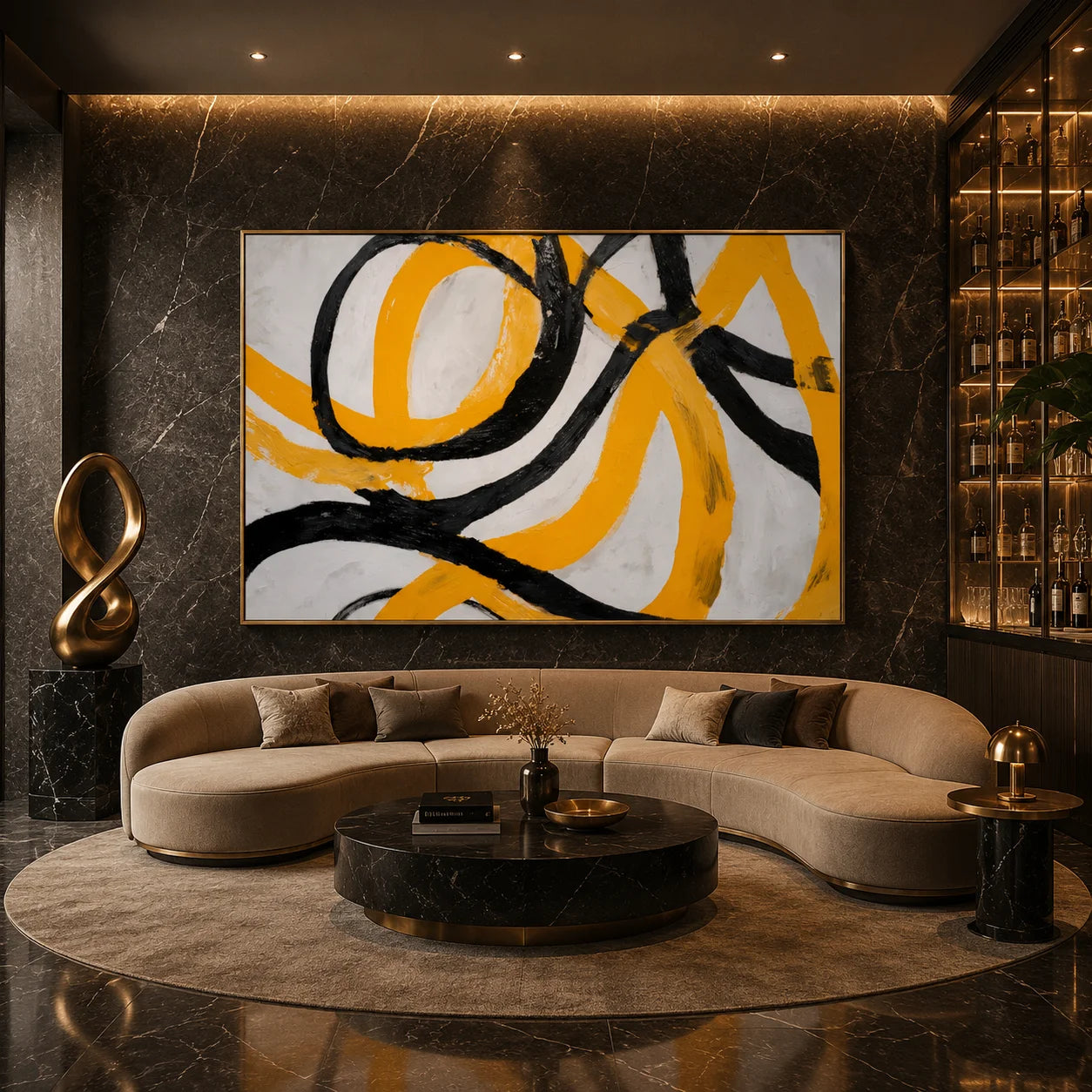 Yellow and Black Abstract Hand-Painted Oil Painting | Modern Textured Canvas Wall Art for Living Room Decor # OA 1036