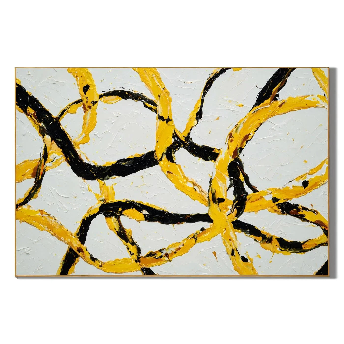 Yellow and Black Abstract Hand-Painted Oil Painting, Modern Textured Loop Wall Art for Contemporary Decor # OA 1052