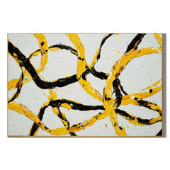 Yellow and Black Abstract Hand-Painted Oil Painting, Modern Textured Loop Wall Art for Contemporary Decor # OA 1052