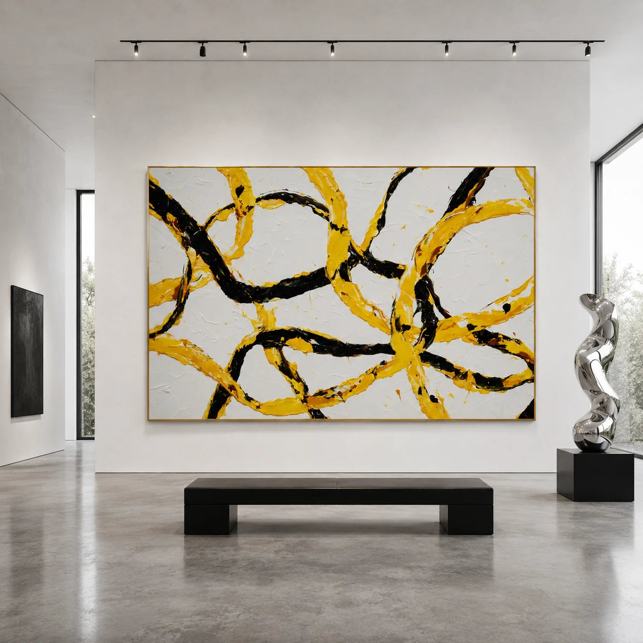 Yellow and Black Abstract Hand-Painted Oil Painting, Modern Textured Loop Wall Art for Contemporary Decor # OA 1052