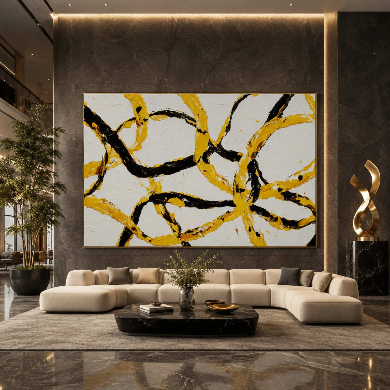 Yellow and Black Abstract Hand-Painted Oil Painting, Modern Textured Loop Wall Art for Contemporary Decor # OA 1052
