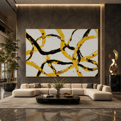 Yellow and Black Abstract Hand-Painted Oil Painting, Modern Textured Loop Wall Art for Contemporary Decor # OA 1052
