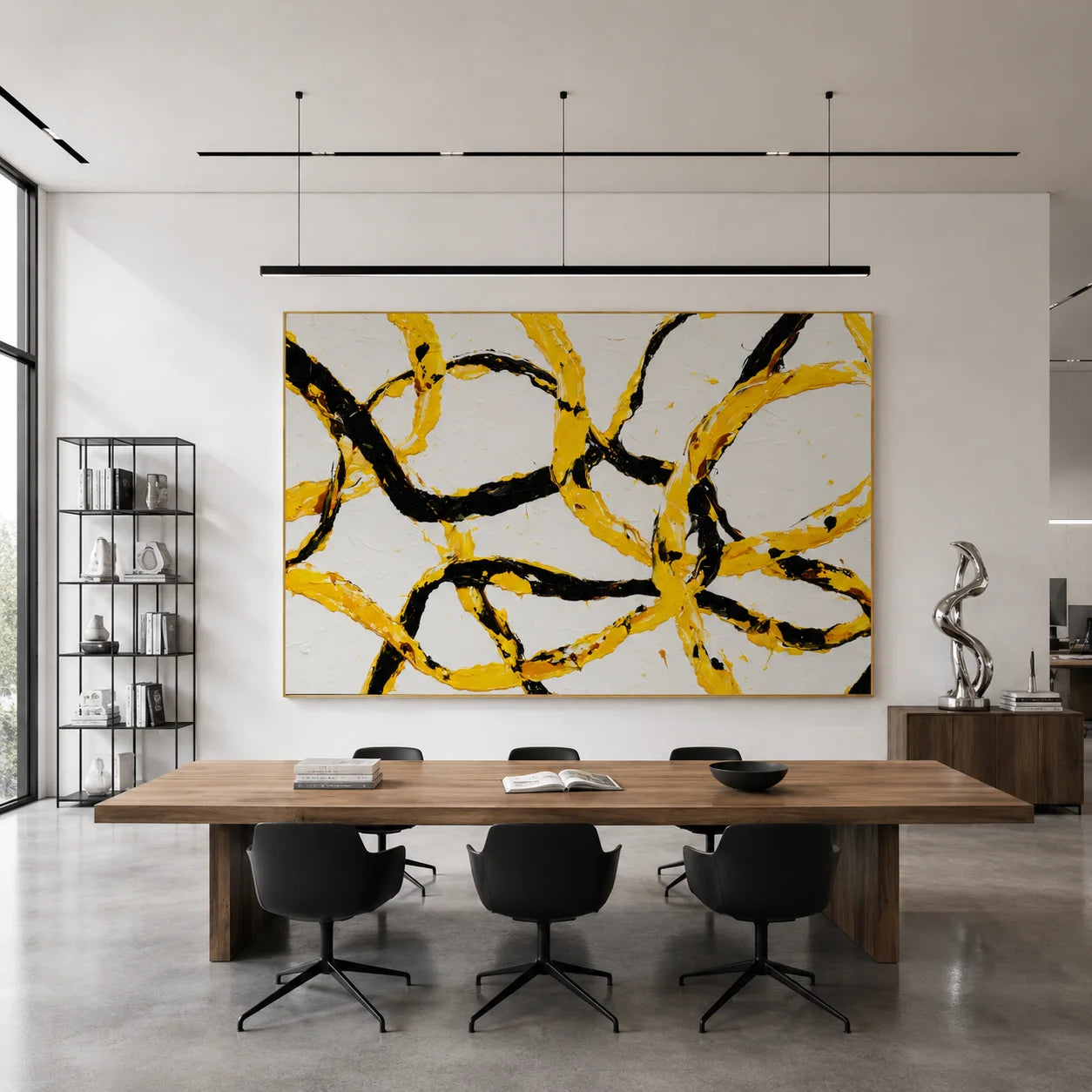 Yellow and Black Abstract Hand-Painted Oil Painting, Modern Textured Loop Wall Art for Contemporary Decor # OA 1052