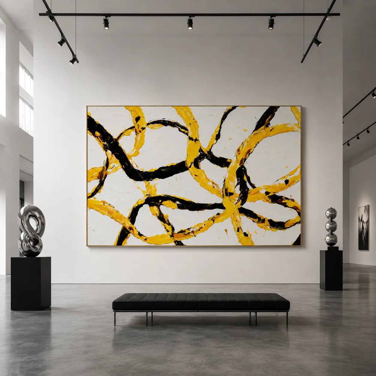 Yellow and Black Abstract Hand-Painted Oil Painting, Modern Textured Loop Wall Art for Contemporary Decor # OA 1052