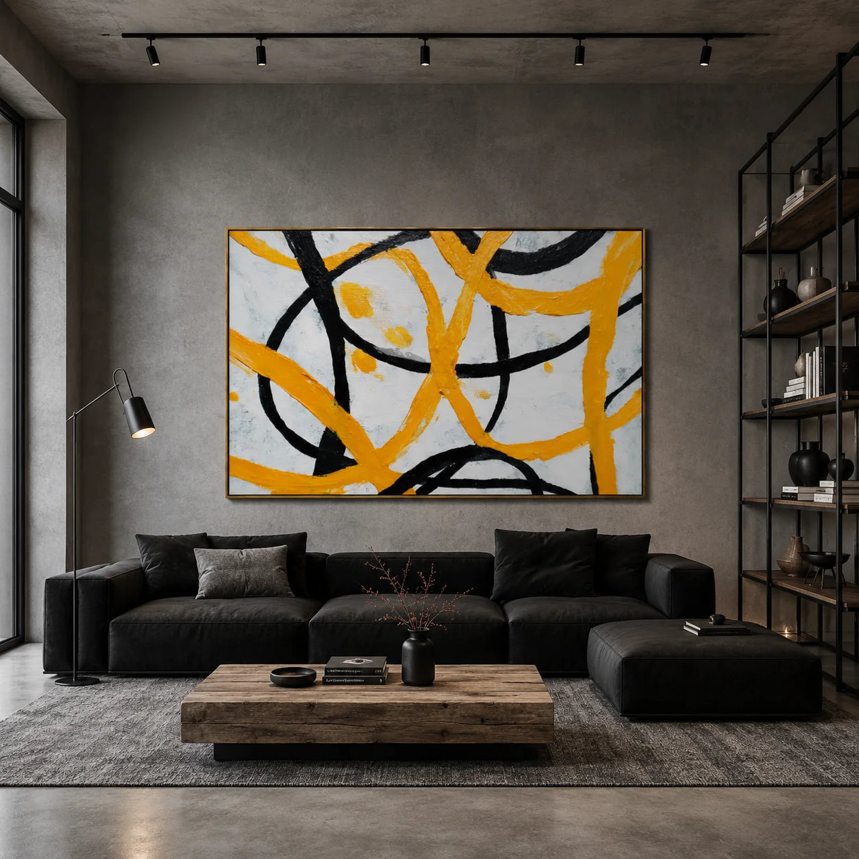 Yellow and Black Abstract Hand-Painted Oil Painting | Textured Modern Canvas Wall Art for Living Room Decor # OA 1035