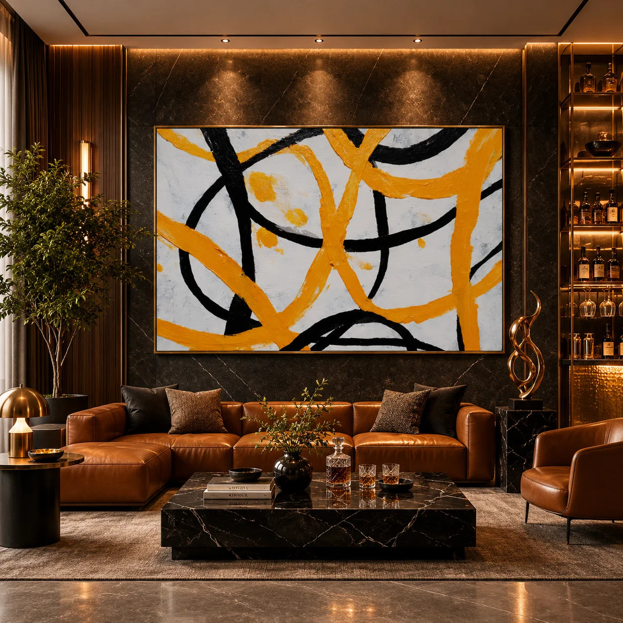 Yellow and Black Abstract Hand-Painted Oil Painting | Textured Modern Canvas Wall Art for Living Room Decor # OA 1035
