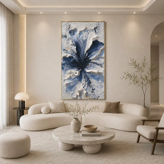 Blue and White 3D Floral Hand-Painted Oil Painting | Textured Abstract Flower Wall Art # OA 1027