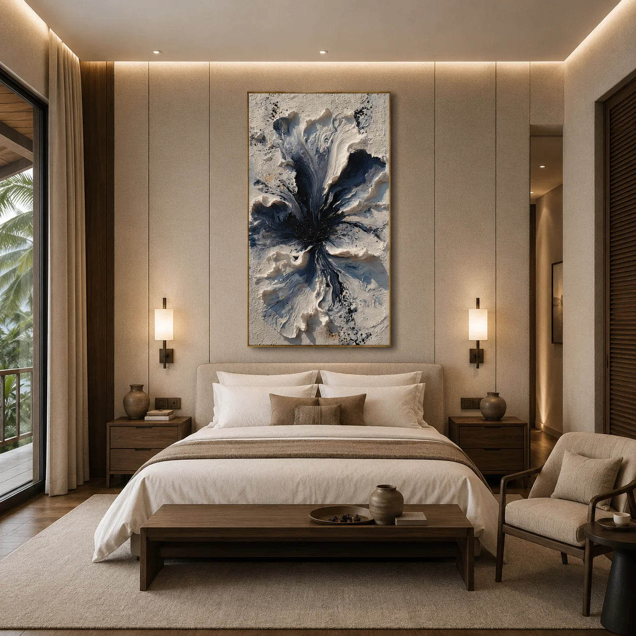 Blue and White 3D Floral Hand-Painted Oil Painting | Textured Abstract Flower Wall Art # OA 1027