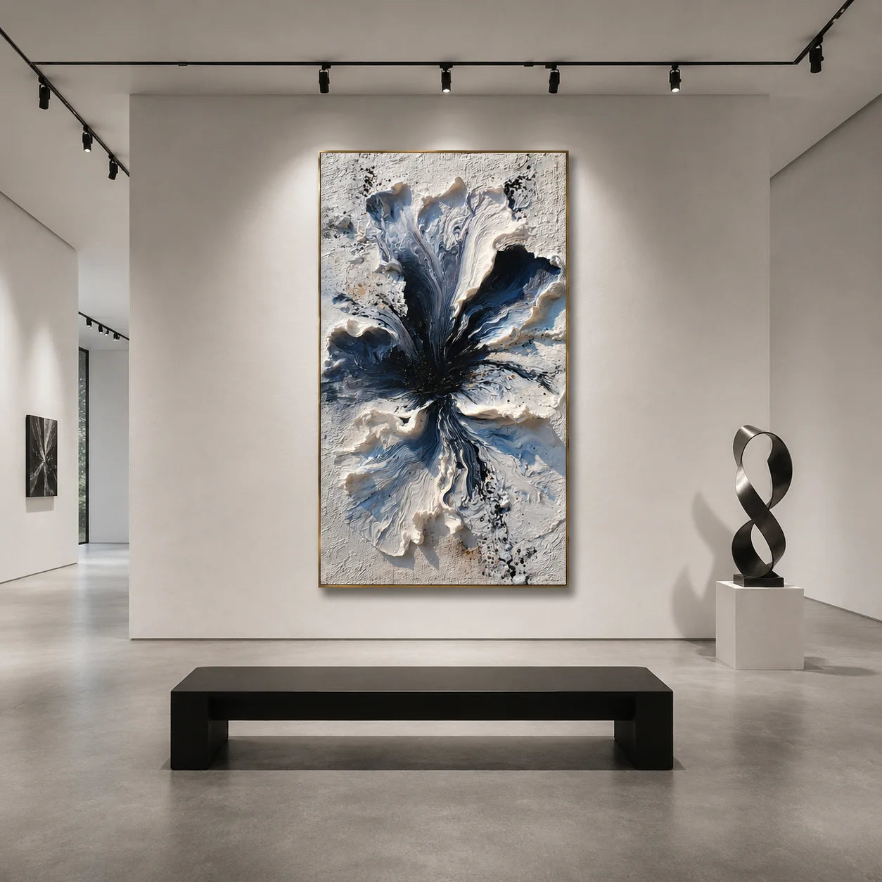 Blue and White 3D Floral Hand-Painted Oil Painting | Textured Abstract Flower Wall Art # OA 1027