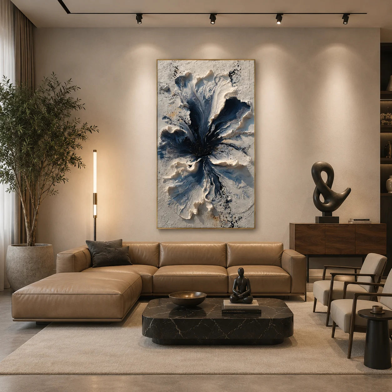 Blue and White 3D Floral Hand-Painted Oil Painting | Textured Abstract Flower Wall Art # OA 1027
