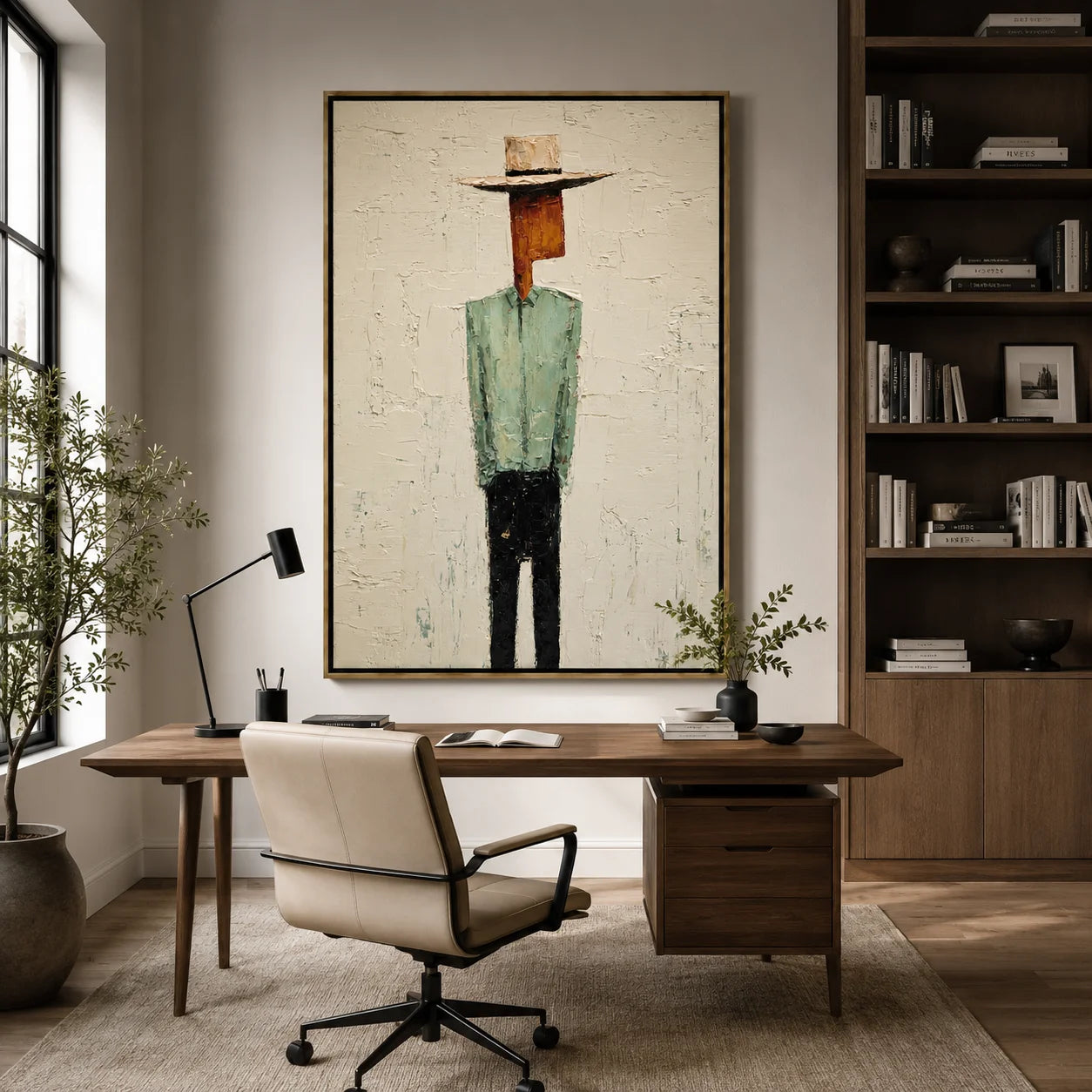 Minimalist Western Cowboy Hand-Painted Oil Painting, Textured Faceless Cowboy Wall Art for Modern Home Decor#OA 0963
