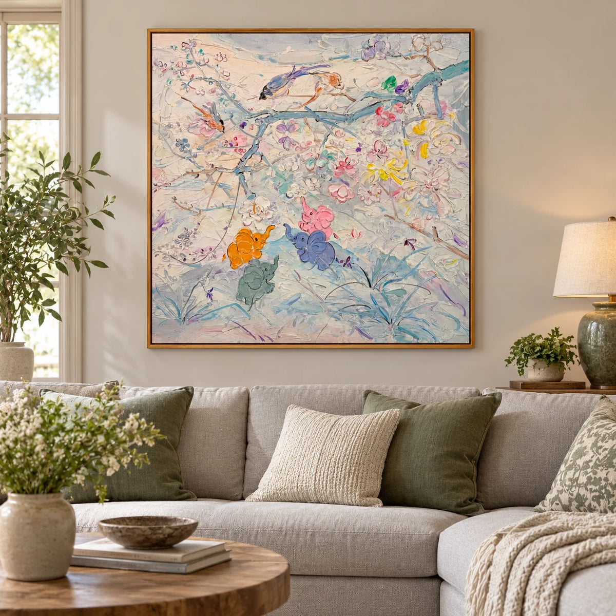Pastel Birds and Flowers Oil Painting | Delicate Branches and Colorful Blossoms Square Botanical Canvas Wall Art #OA 1829