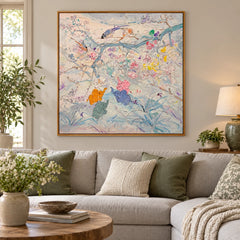 Pastel Birds and Flowers Oil Painting | Delicate Branches and Colorful Blossoms Square Botanical Canvas Wall Art #OA 1829
