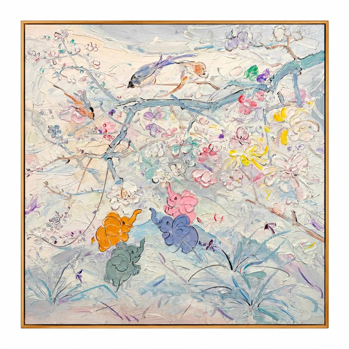 Pastel Birds and Flowers Oil Painting | Delicate Branches and Colorful Blossoms Square Botanical Canvas Wall Art #OA 1829