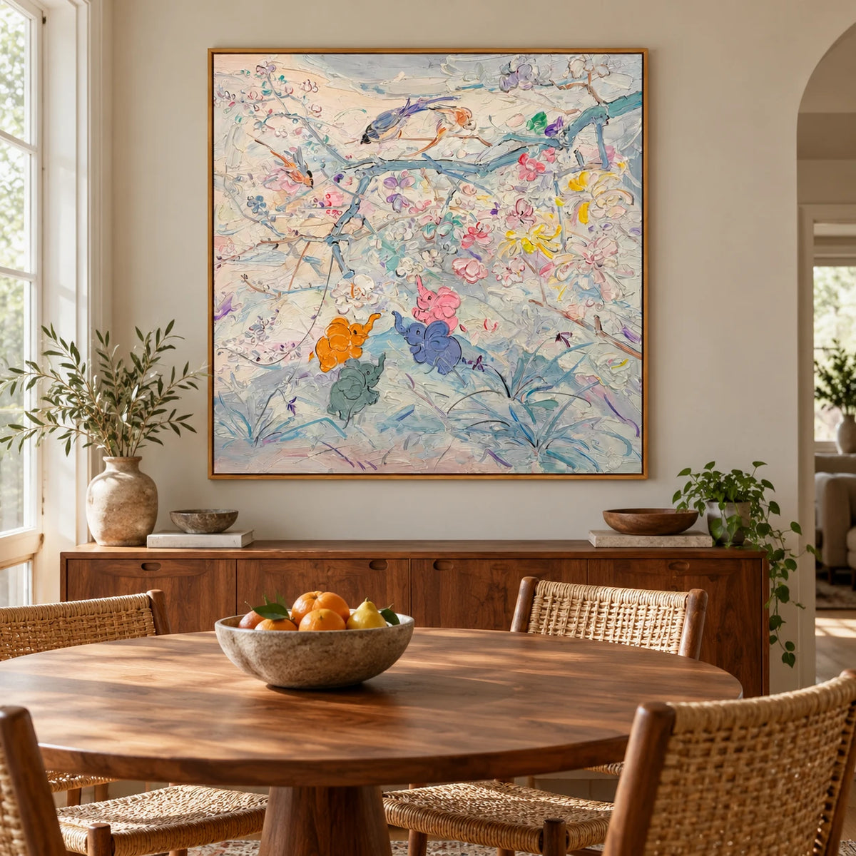 Pastel Birds and Flowers Oil Painting | Delicate Branches and Colorful Blossoms Square Botanical Canvas Wall Art #OA 1829