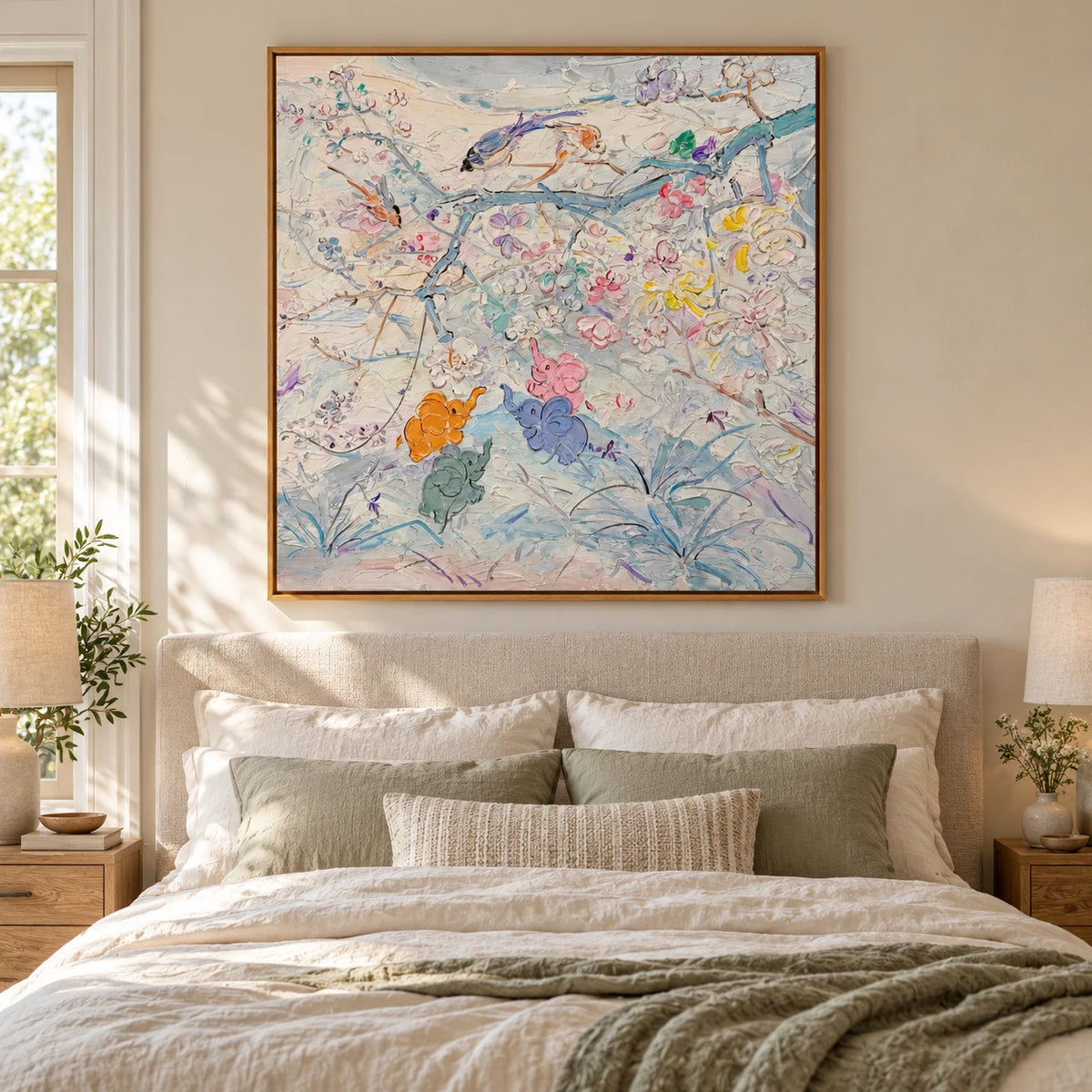 Pastel Birds and Flowers Oil Painting | Delicate Branches and Colorful Blossoms Square Botanical Canvas Wall Art #OA 1829
