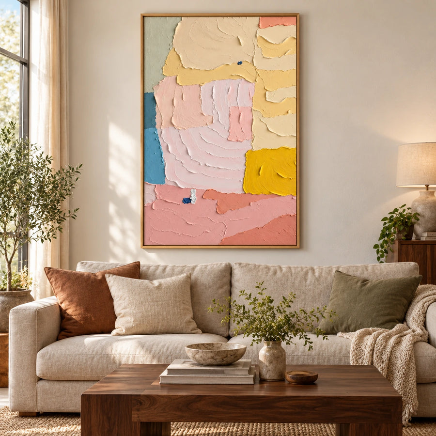 Pastel Pink Yellow and Blue Oil Painting | Broad Raised Color Blocks Vertical Abstract Wall Art #OA 1794