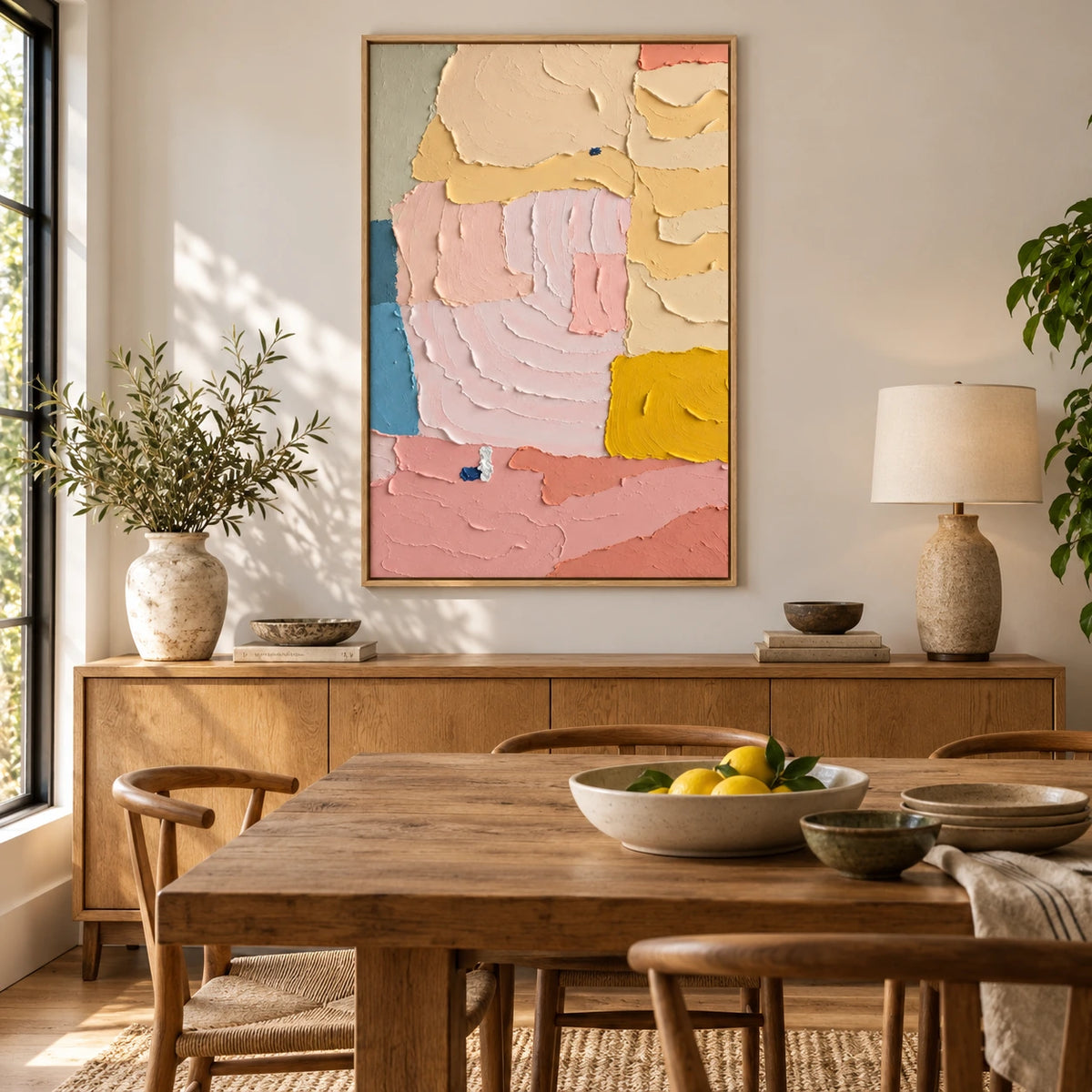 Pastel Pink Yellow and Blue Oil Painting | Broad Raised Color Blocks Vertical Abstract Wall Art #OA 1794