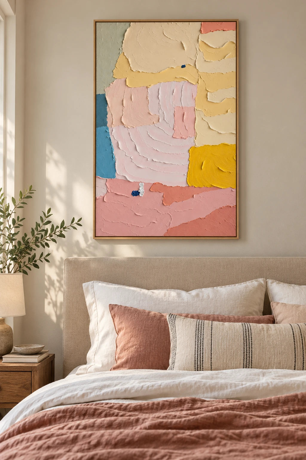 Pastel Pink Yellow and Blue Oil Painting | Broad Raised Color Blocks Vertical Abstract Wall Art #OA 1794