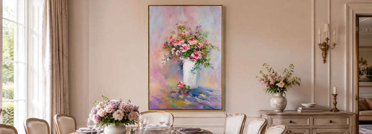Large vertical hand-painted floral oil painting featuring pink roses and colorful wildflowers in a white vase, displayed in an elegant neutral dining room.