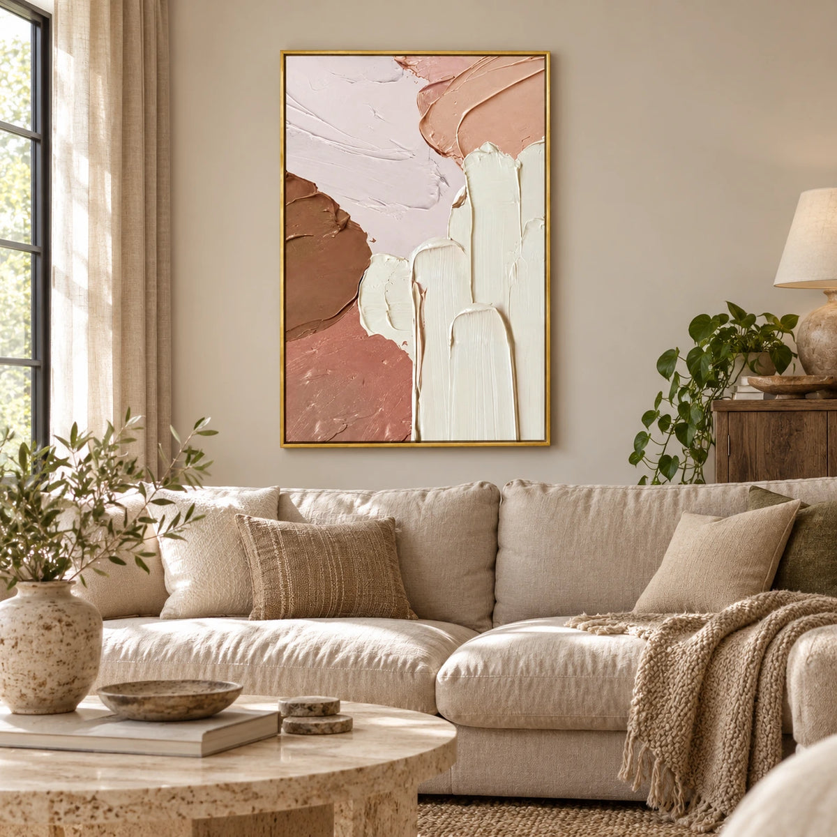 Peach Pink Cream and Brown Oil Painting | Thick Palette Knife Strokes Textured Vertical Abstract Wall Art OA 1759