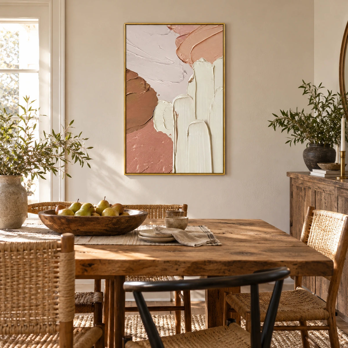 Peach Pink Cream and Brown Oil Painting | Thick Palette Knife Strokes Textured Vertical Abstract Wall Art OA 1759