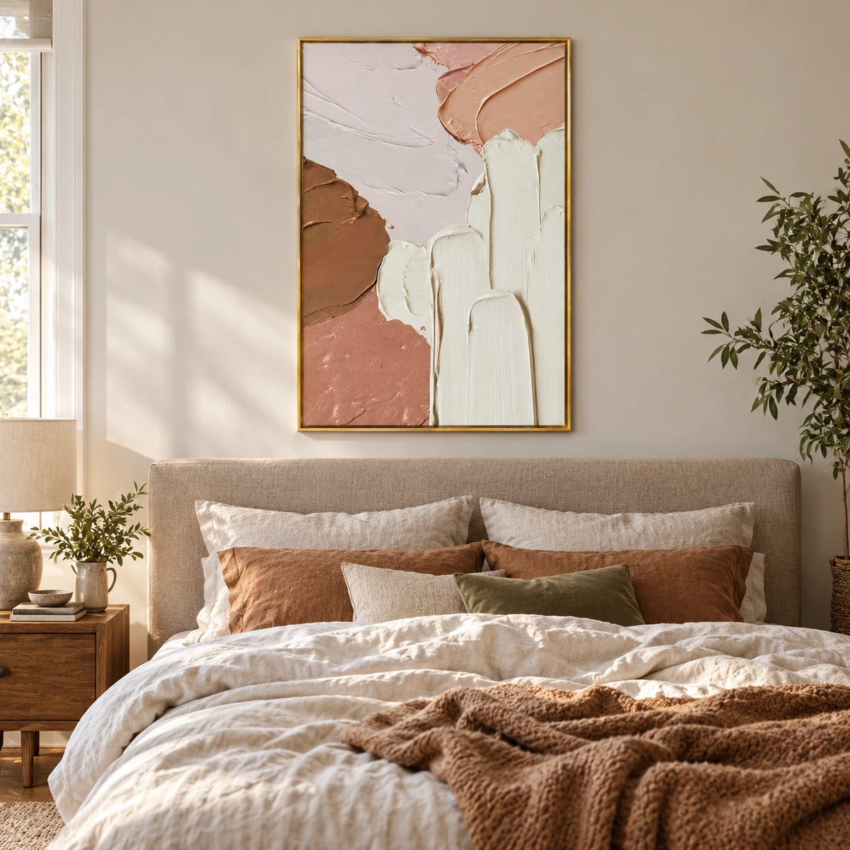 Peach Pink Cream and Brown Oil Painting | Thick Palette Knife Strokes Textured Vertical Abstract Wall Art OA 1759