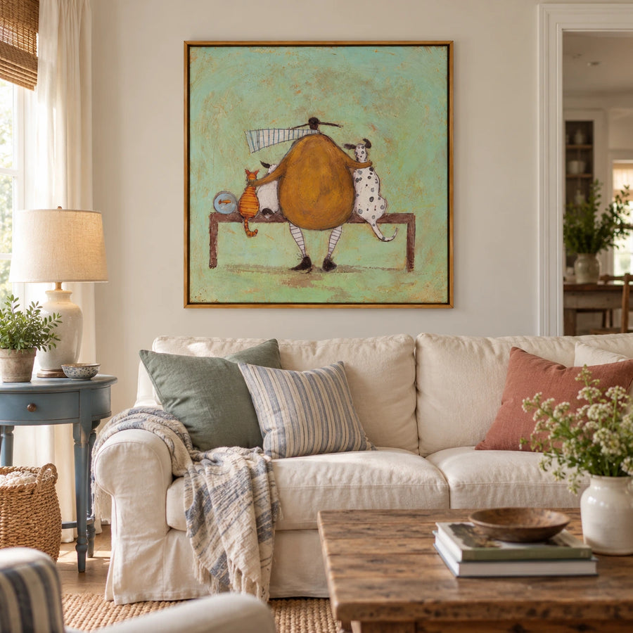 Person with Cat Dogs and Goldfish Oil Painting | Mustard Coat Mint Background Whimsical Square Wall Art #OA 1746