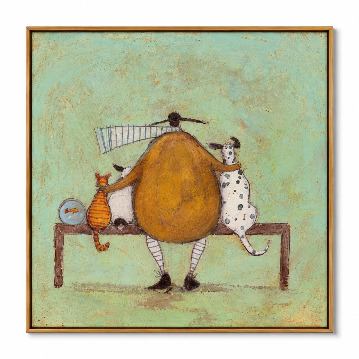Person with Cat Dogs and Goldfish Oil Painting | Mustard Coat Mint Background Whimsical Square Wall Art OA 1746