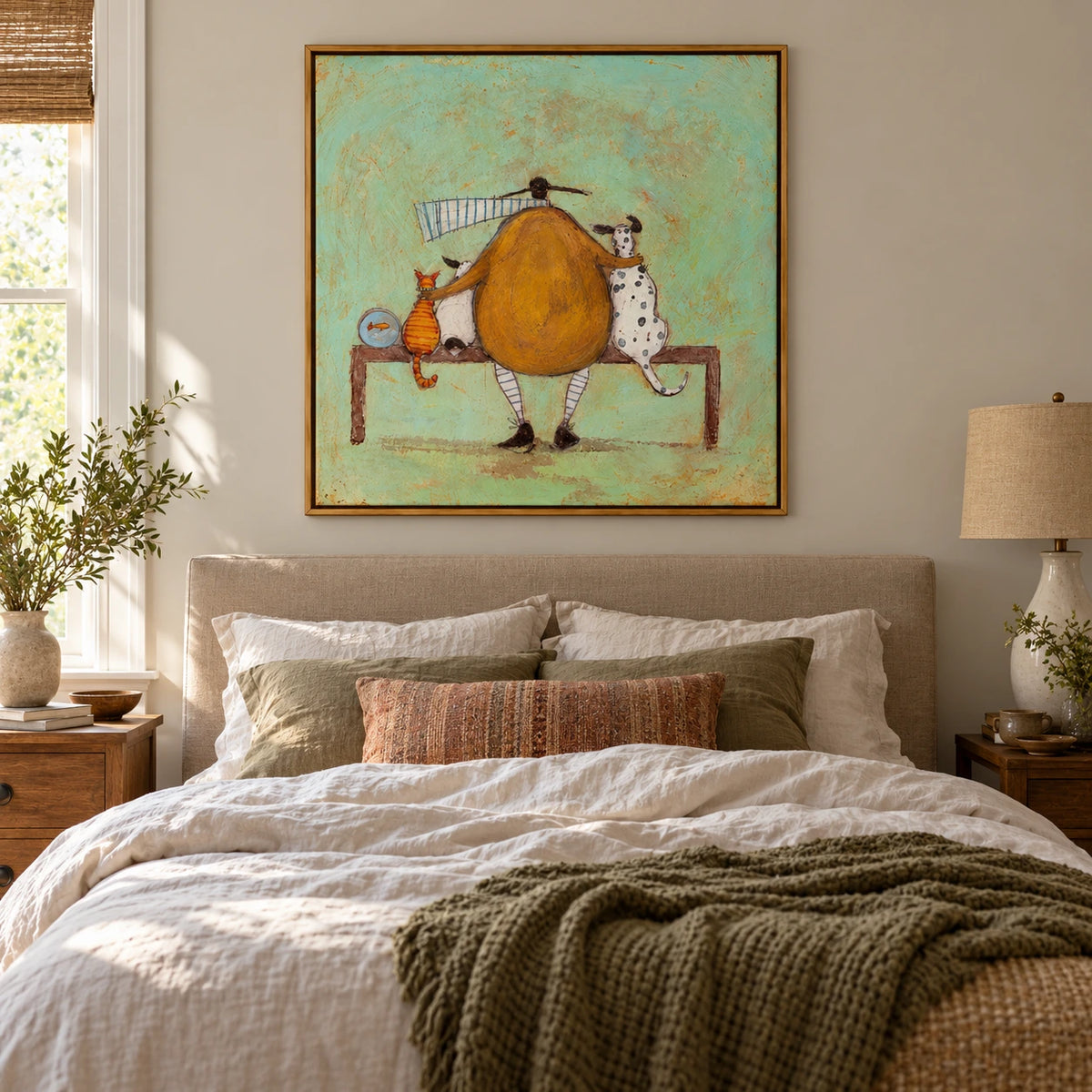 Person with Cat Dogs and Goldfish Oil Painting | Mustard Coat Mint Background Whimsical Square Wall Art OA 1746