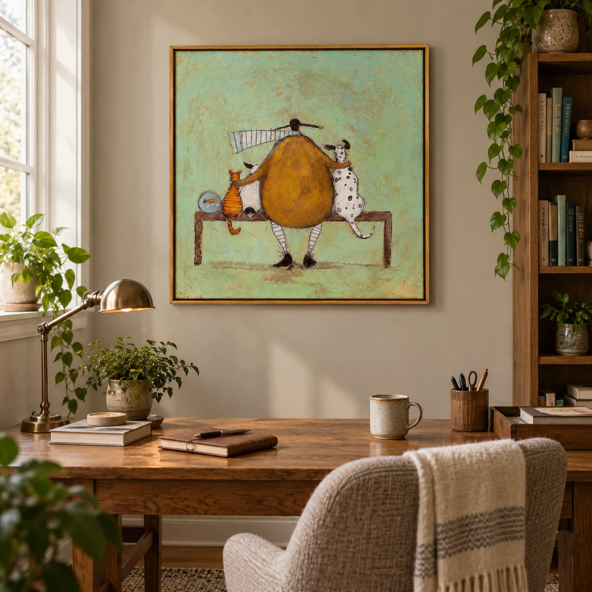 Person with Cat Dogs and Goldfish Oil Painting | Mustard Coat Mint Background Whimsical Square Wall Art OA 1746