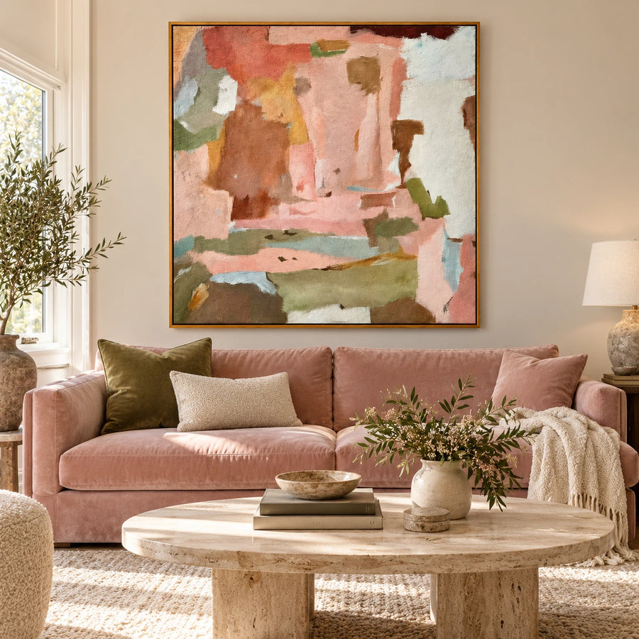 Pink Sage Green and Terracotta Abstract Oil Painting | Soft Color Blocks Modern Square Canvas Wall Art #OA 1697