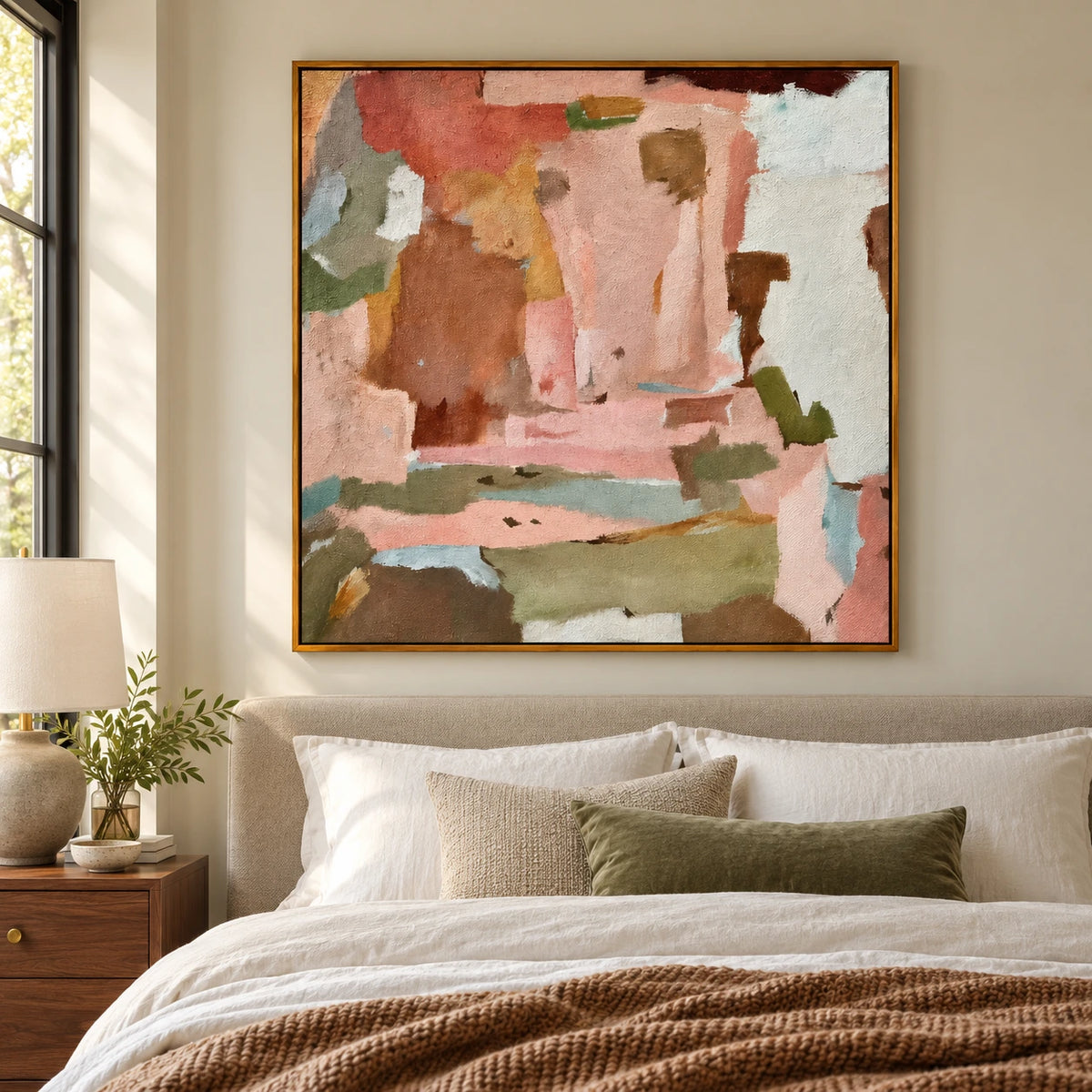 Pink Sage Green and Terracotta Abstract Oil Painting | Soft Color Blocks Modern Square Canvas Wall Art #OA 1697