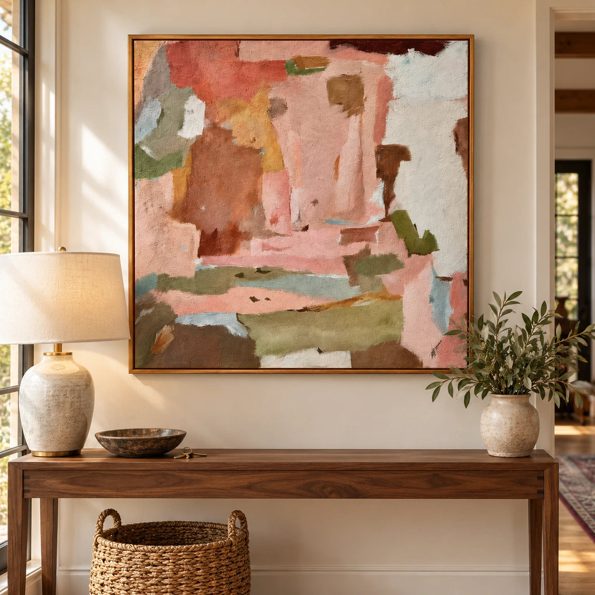 Pink Sage Green and Terracotta Abstract Oil Painting | Soft Color Blocks Modern Square Canvas Wall Art #OA 1697