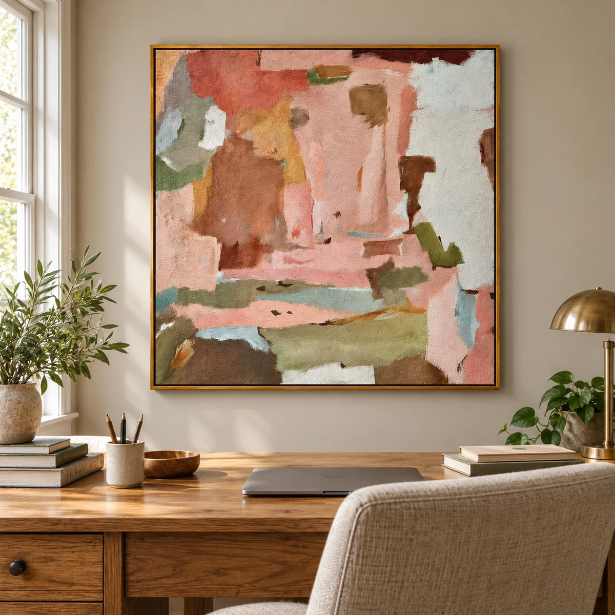 Pink Sage Green and Terracotta Abstract Oil Painting | Soft Color Blocks Modern Square Canvas Wall Art #OA 1697