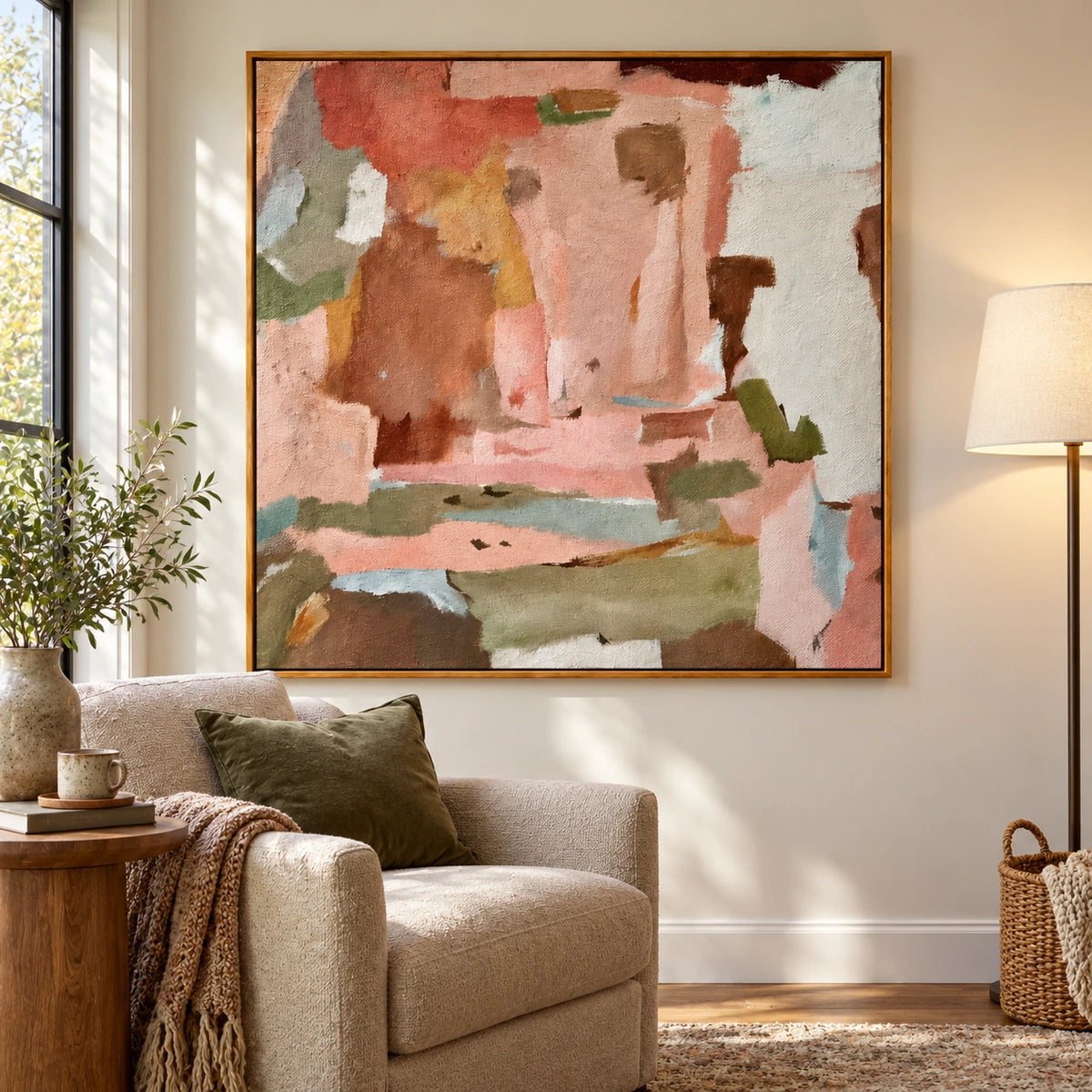 Pink Sage Green and Terracotta Abstract Oil Painting | Soft Color Blocks Modern Square Canvas Wall Art #OA 1697